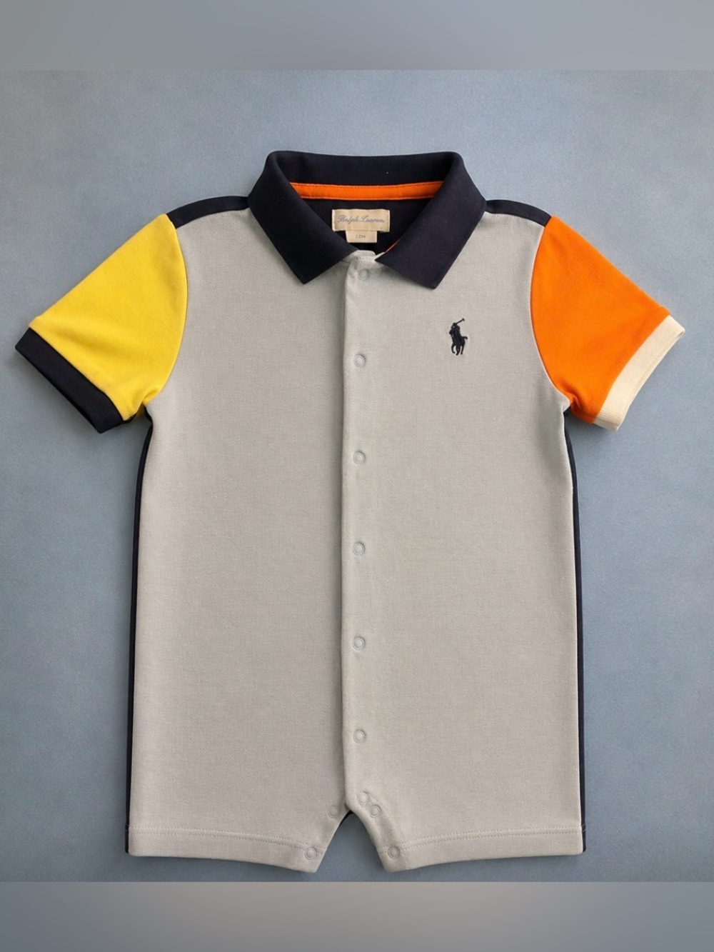 Ralph Lauren Gray Polo Romper with Yellow & Orange Sleeves